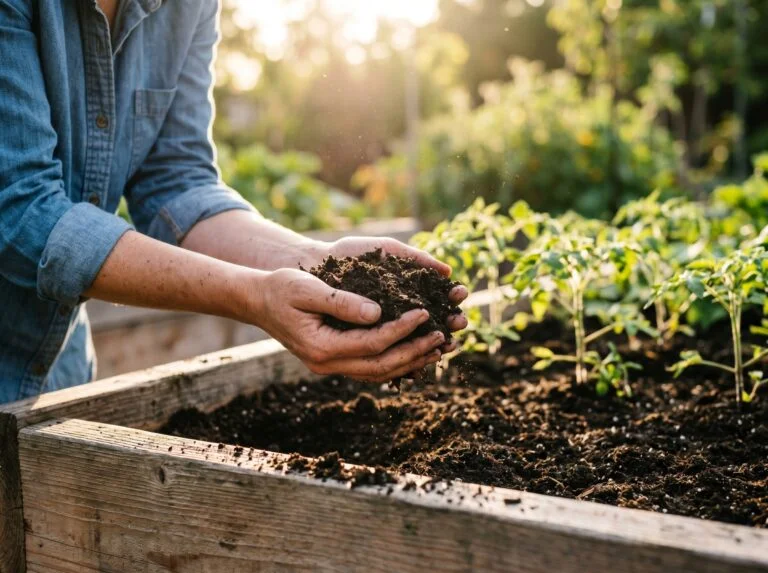 Beginner organic gardener holding rich compost soil over a raised garden bed ready for planting